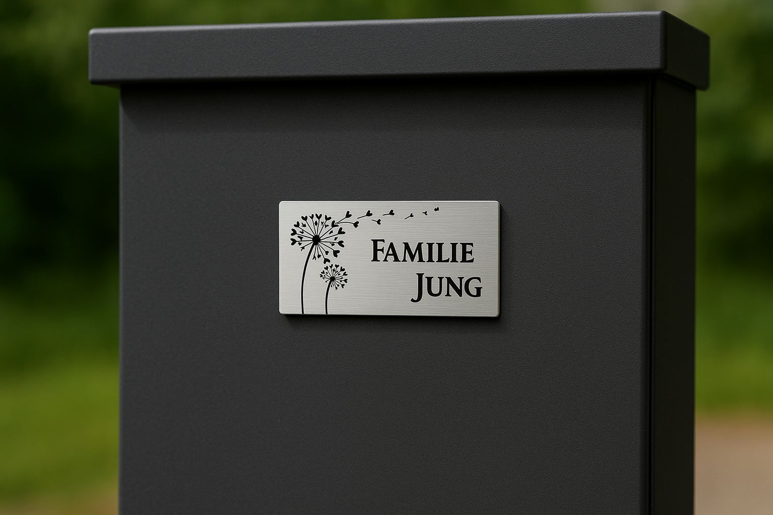 Rechteckiges V2A Edelstahlschild mit gebürsteter Oberfläche, schwarzer Gravur Pusteblumen-Motiv und Schriftzug Familie Jung, montiert an modernem anthrazitfarbenem Briefkasten – wetterfest und rostfrei